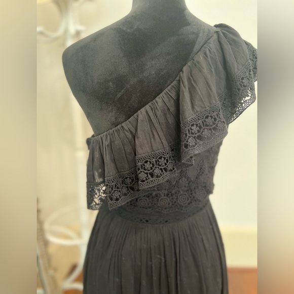 LoveShackFancy Pamela Asymmetric One Shoulder Ruffle Lace Dress Black - Picture 7 of 8